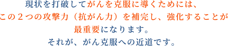 現状を打破してがんを克服に導くためには、この2つの攻撃力（抗がん力）を補完し、強化することが最重要になります。それが、がん克服への近道です