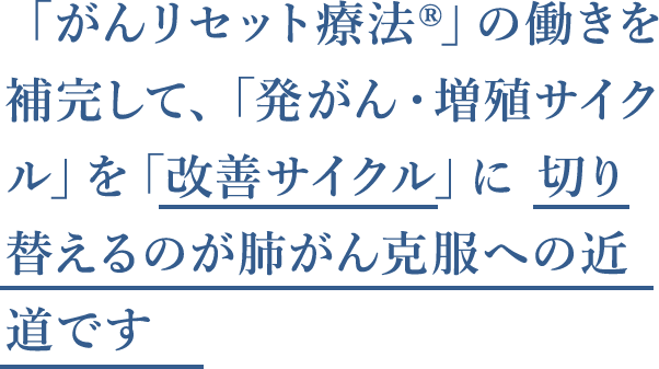 この2種の成分を補完して、身体の「発がん・増殖サイクル」を「改善サイクル」に切り替えるのが肺がん克服への近道です