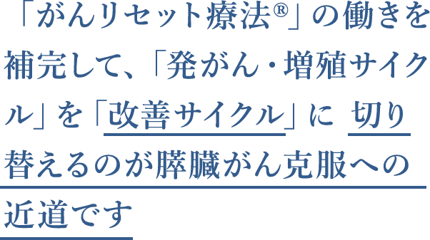 この2種の成分を補完して、身体の「発がん・増殖サイクル」を「改善サイクル」に切り替えるのが膵臓がん克服への近道です